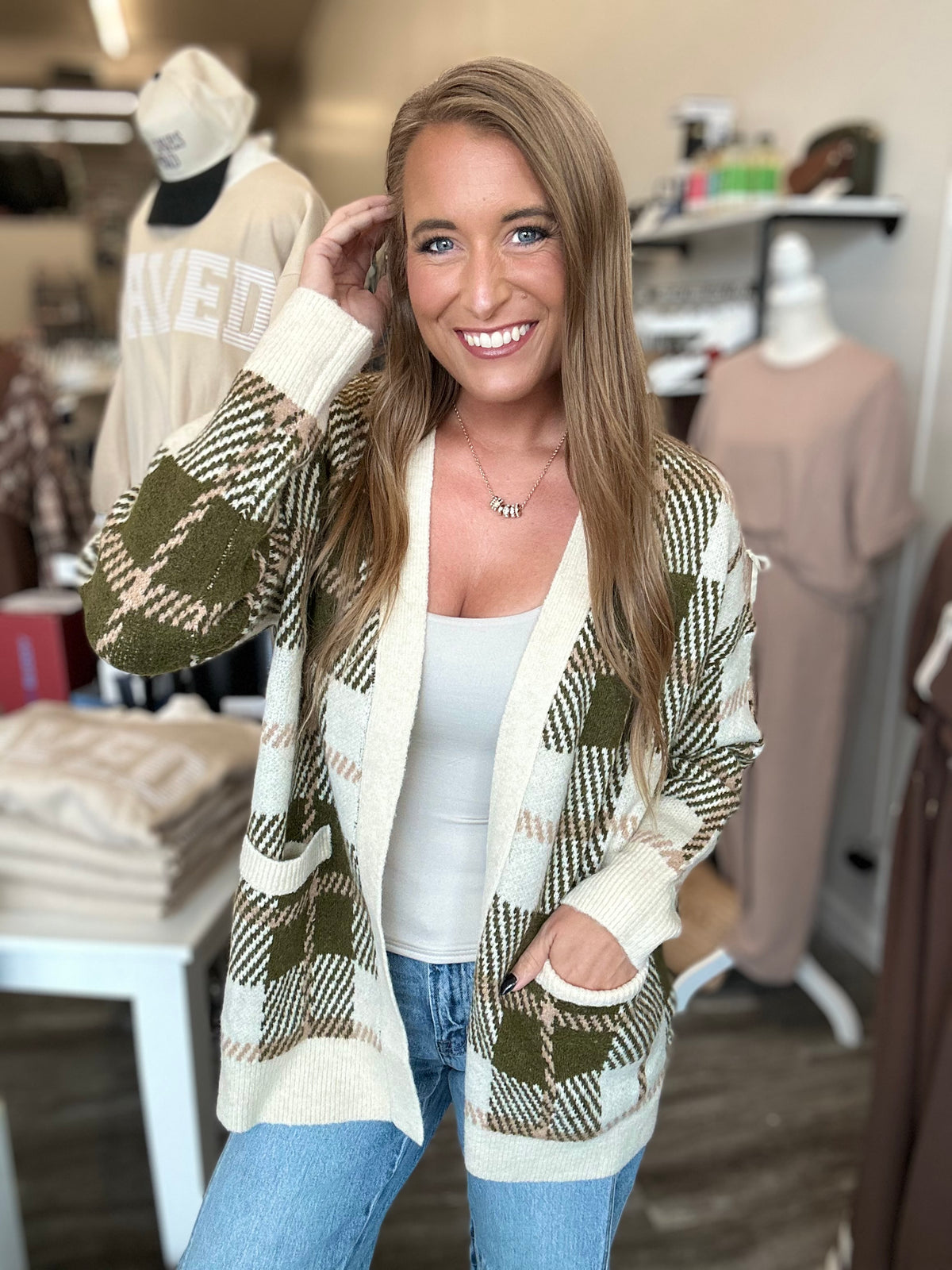 Aubrey Olive Plaid Cardigan
