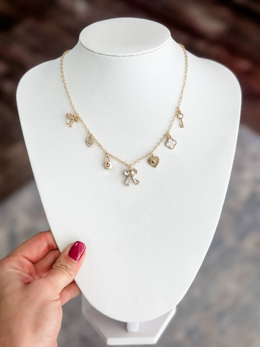 Bow & Heart Charm Necklace (Gold)
