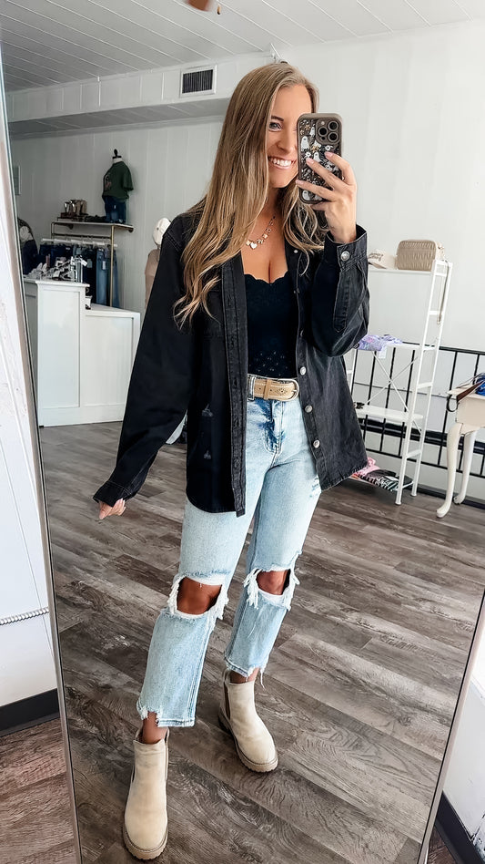 Making Moves Oversized Denim Button Down