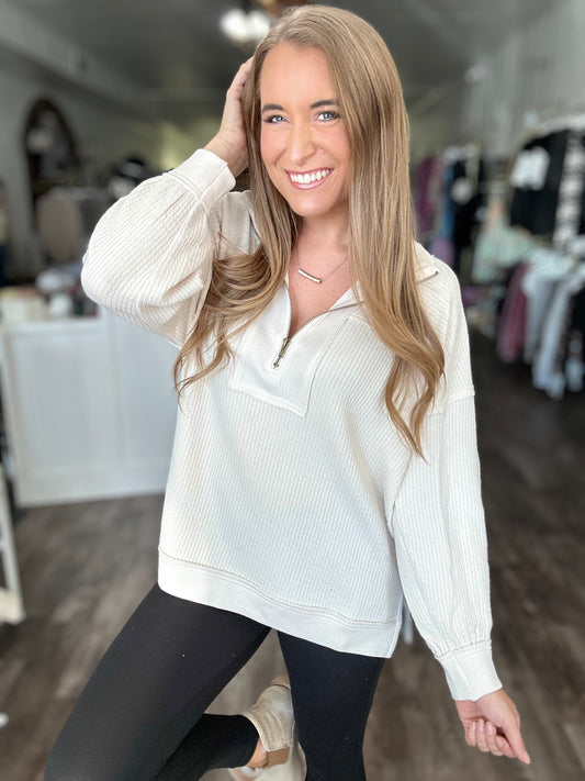 On My Own Time Waffle Knit Top - Cream