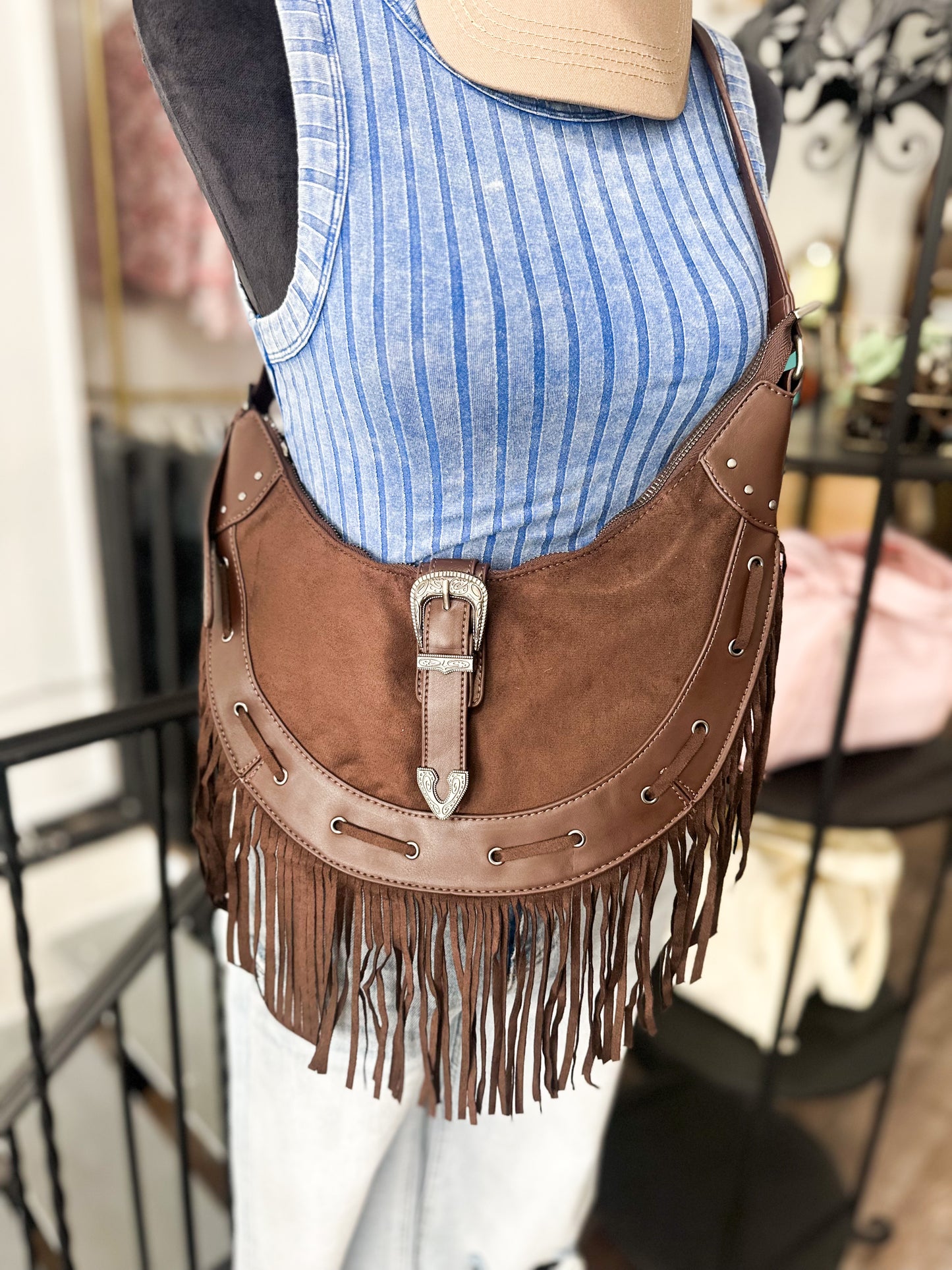Faux Leather Fringe Hobo Bag