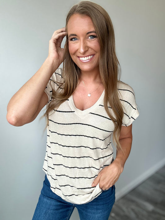 Julie Striped V-Neck Top (Khaki)