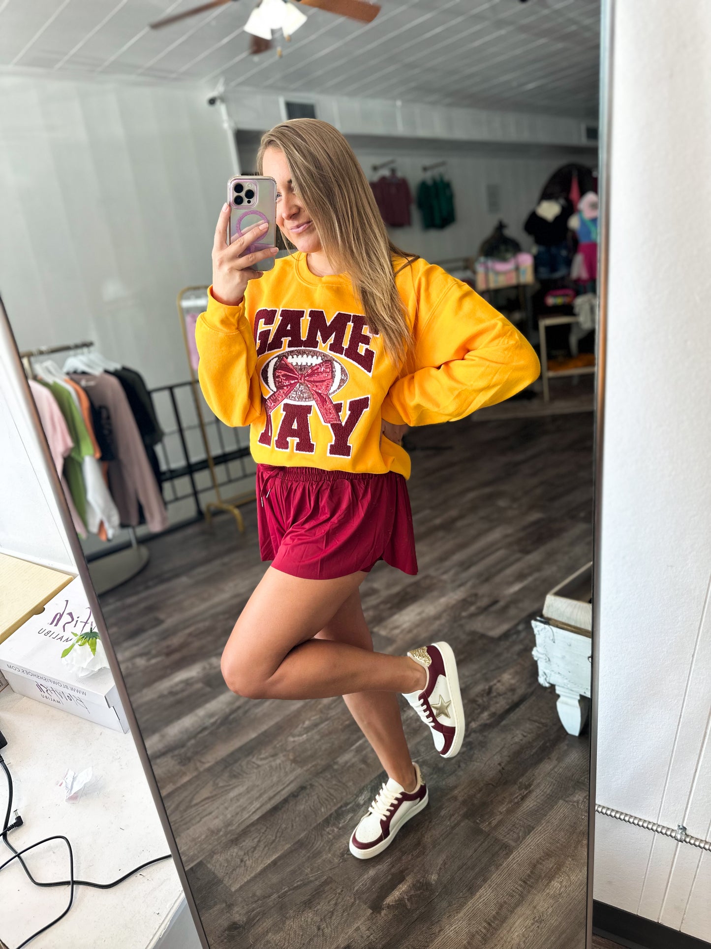 Game Day Chenille & Sequins Crewneck - Gold/Maroon