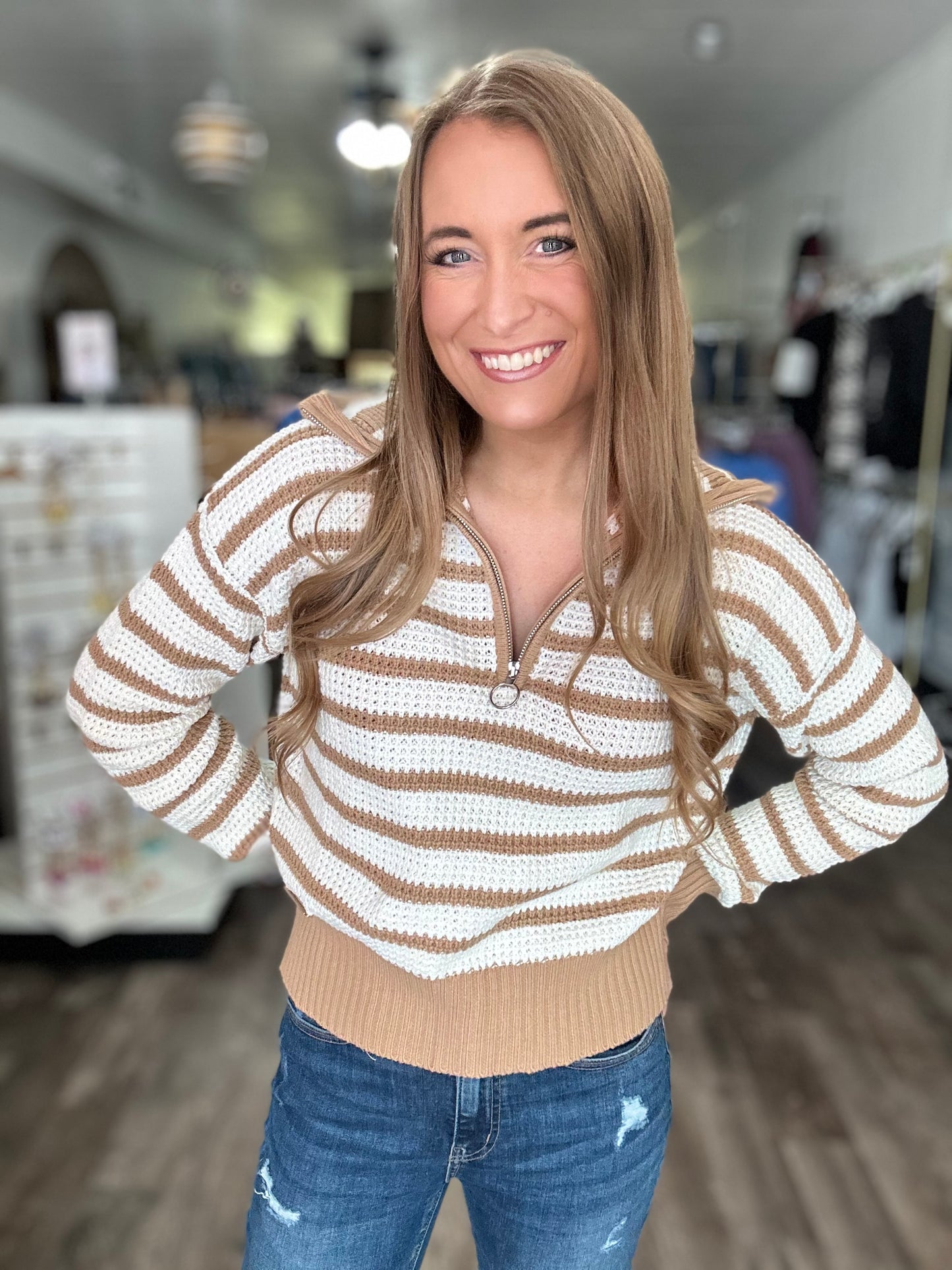 Iris Quarter Zip Sweater (Latte) - Simply Southern