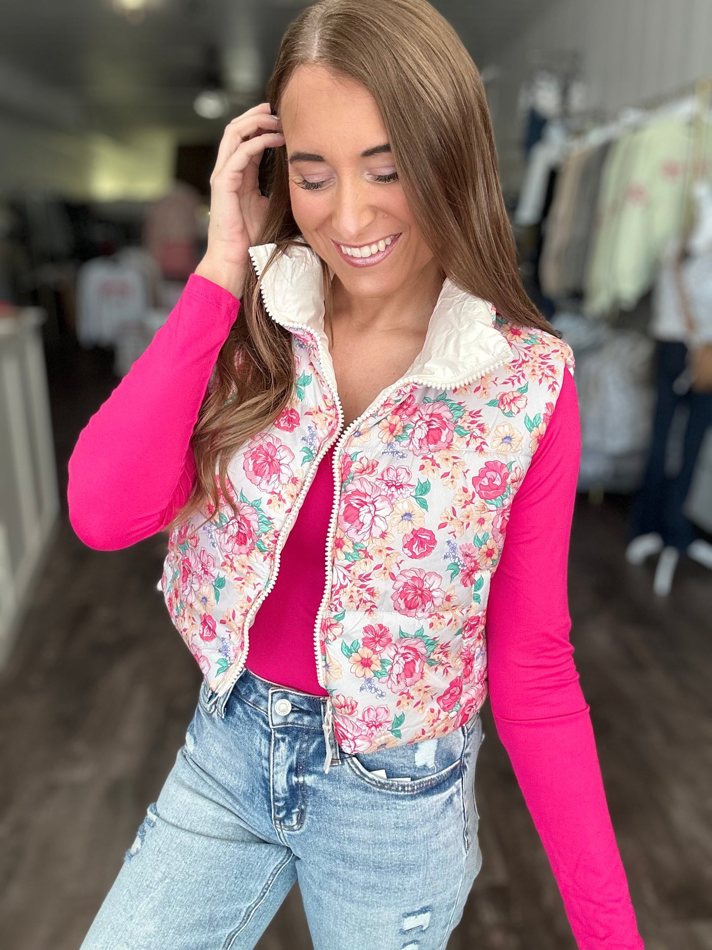 Scarlett Cream/Pink Floral Puffer Vest - Simply Southern