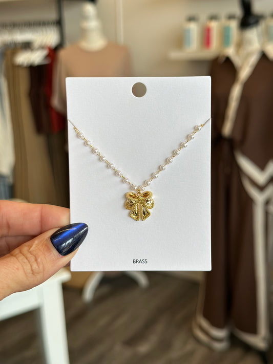 Pearled Beaded Bow Necklace (Gold)
