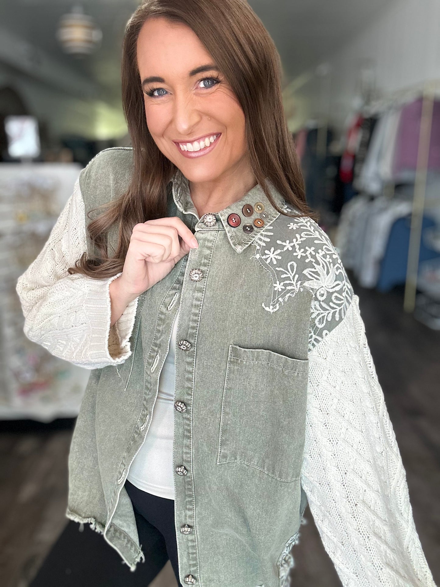 All My Love Sweater Sleeve Shacket (Olive)