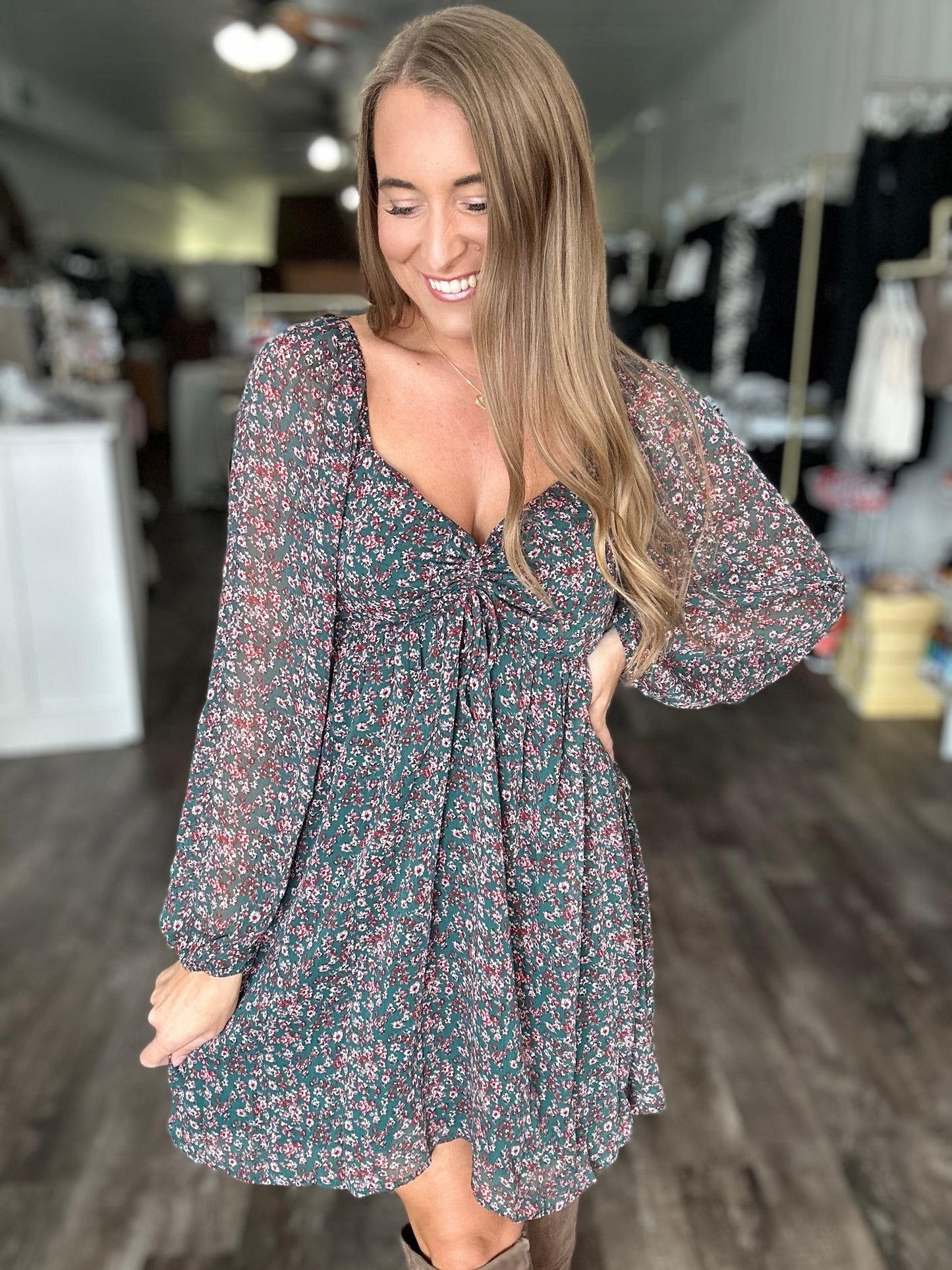 Twirl Me Around Floral Dress - Hunter Green