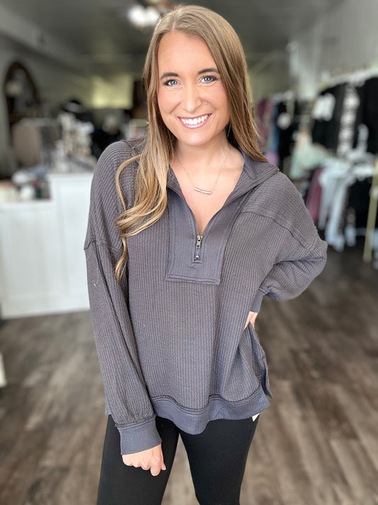 On My Own Time Waffle Knit Top - Charcoal