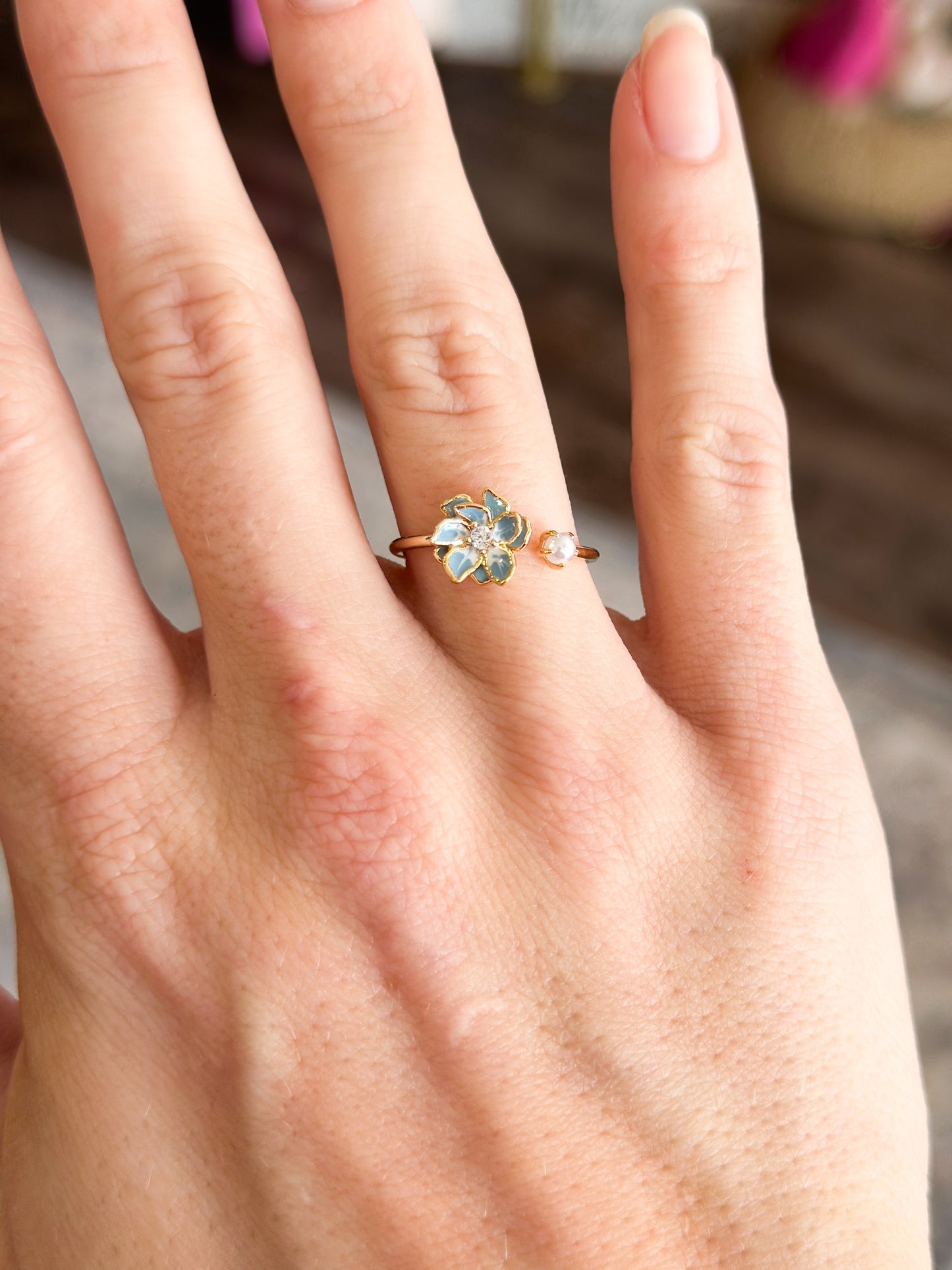 Floral & Pearl Open Band Ring (Gold)