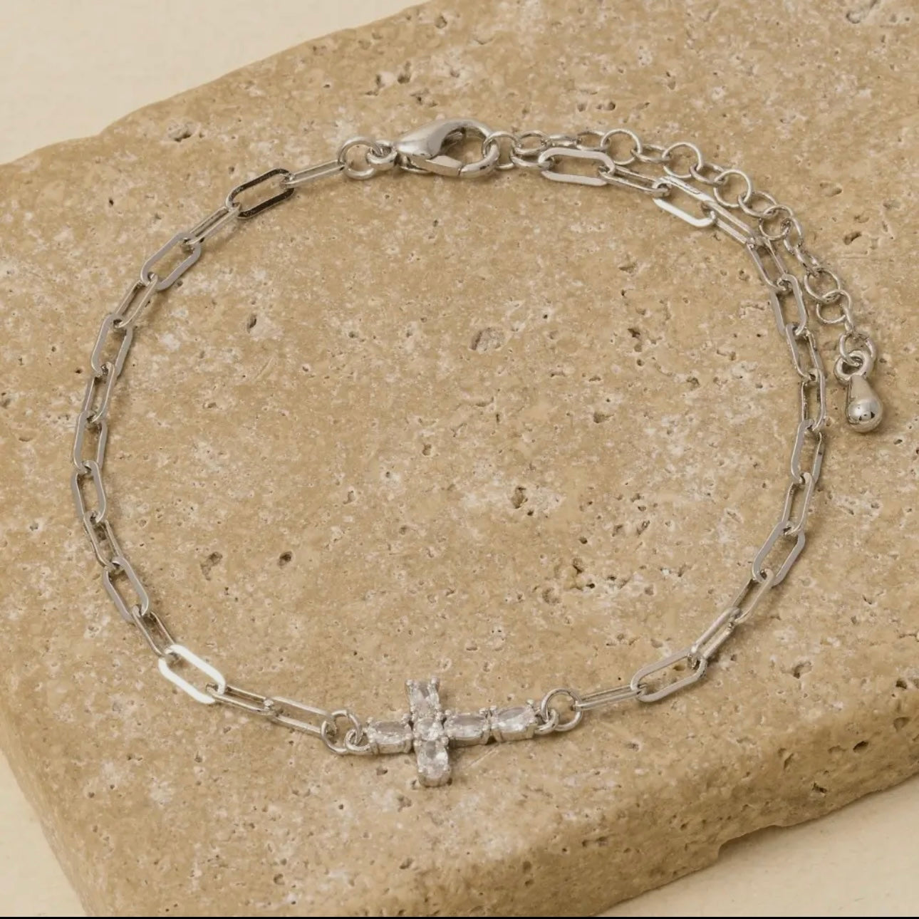 Dainty Chain Link Cross Bracelet - Silver