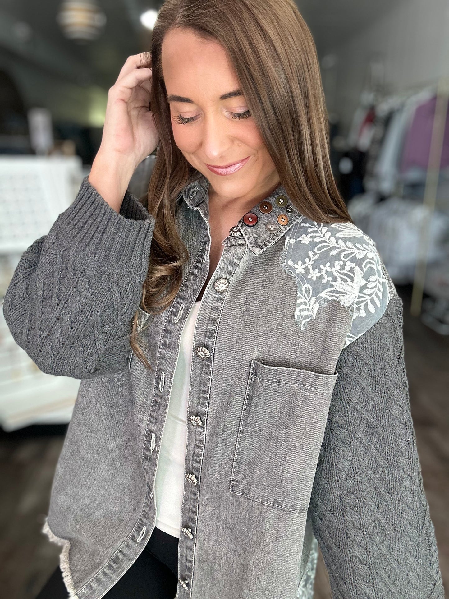 All My Love Sweater Sleeve Shacket (Charcoal)