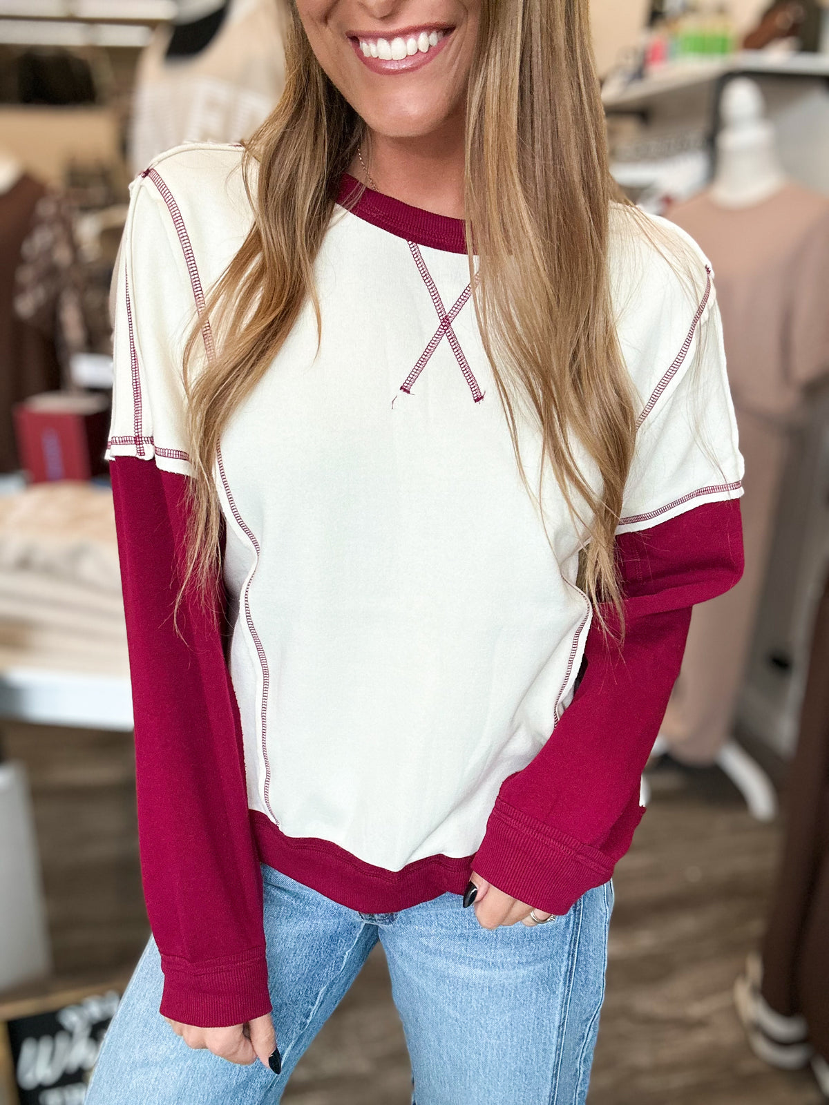Khloe Contrast Sleeve Pullover (Cabernet)