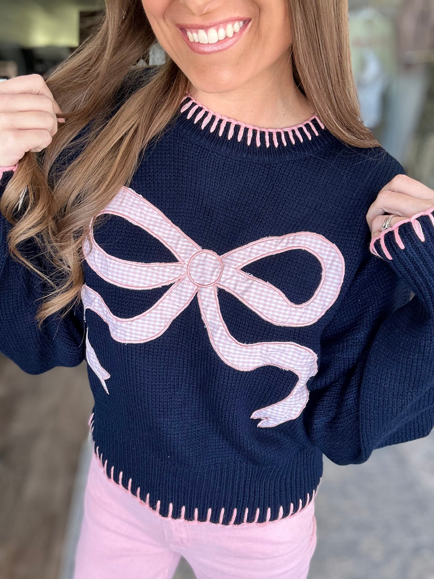 Gingham Ribbon Sweater (Simply Southern)