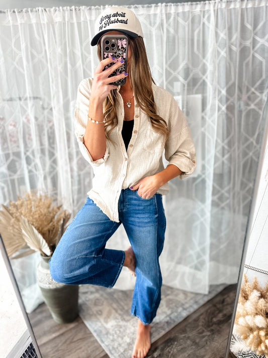 Out of Range Gauze Knit Button Down - Washed Beige