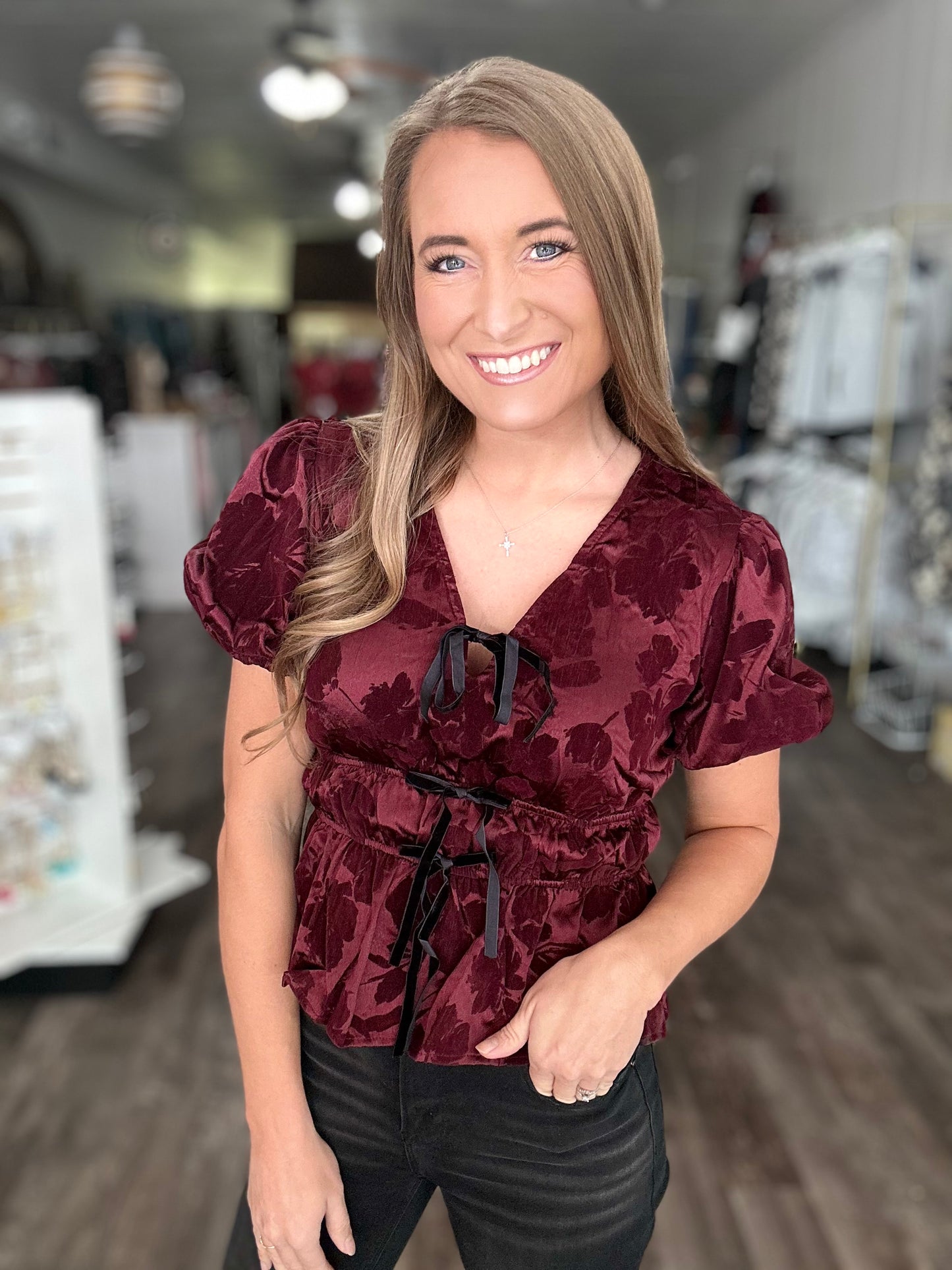 Glam Hour Velvet Bow Detail Top