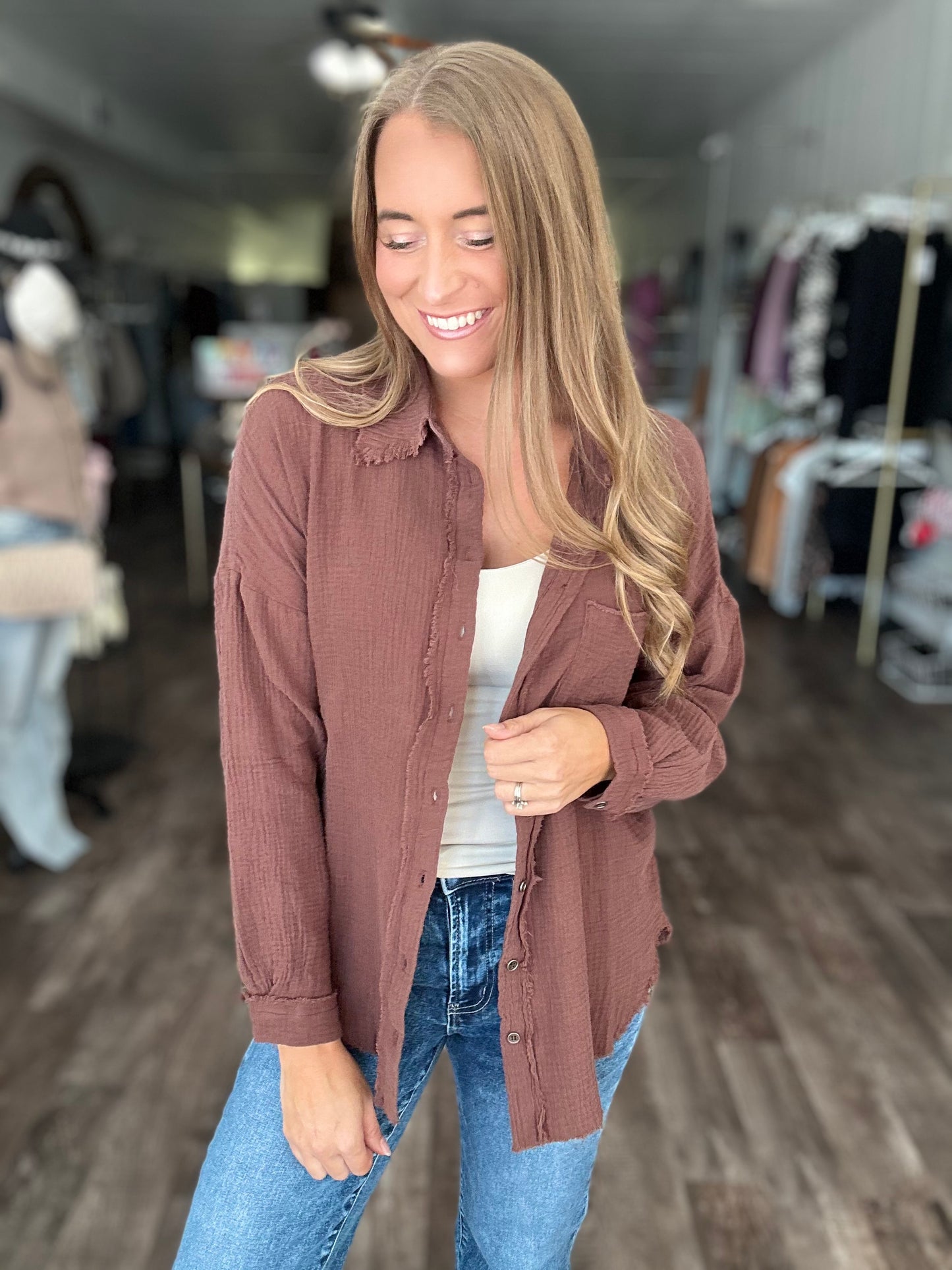 Out of Range Gauze Knit Button Down - Brown