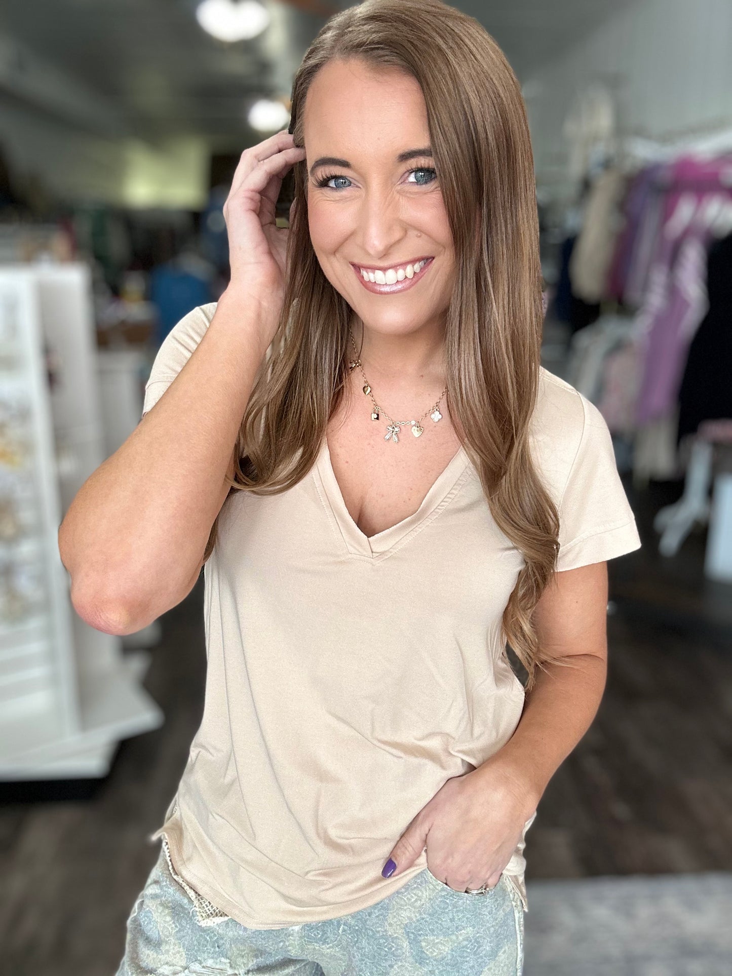 Little Bit of Luck Relaxed V-Neck (Tan)