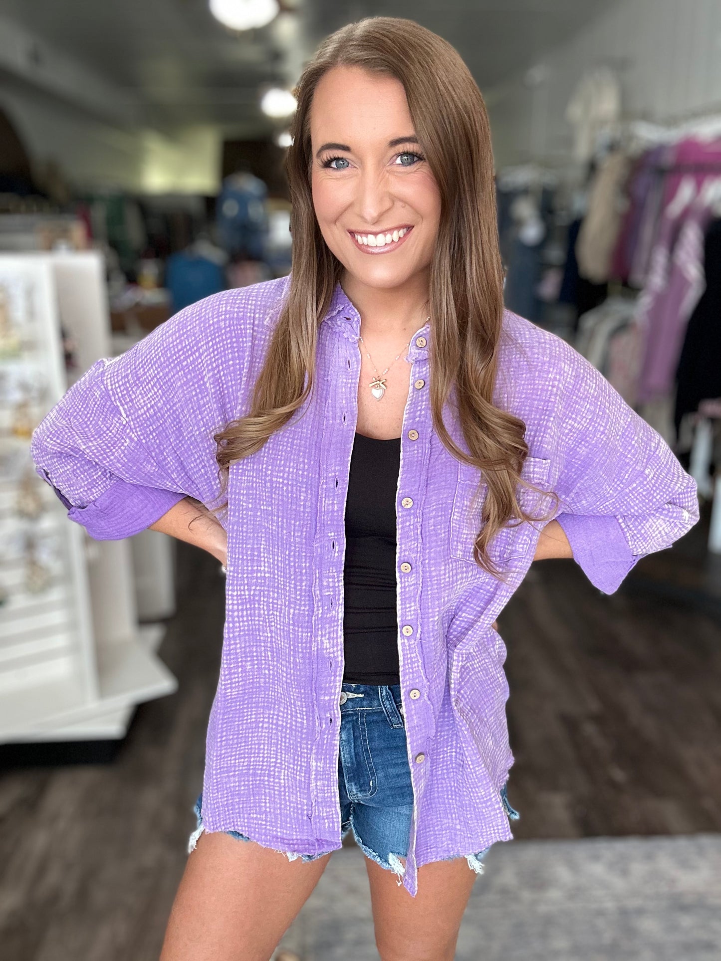 Out of Range Gauze Knit Button Down - Washed Lavender