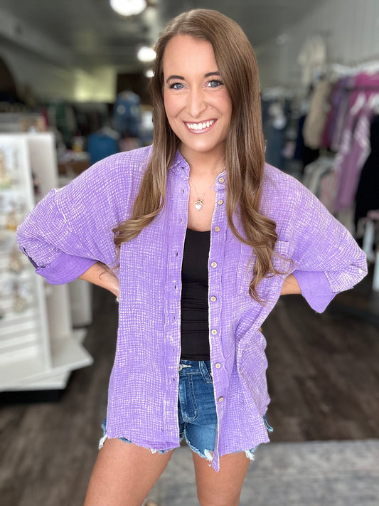 Out of Range Gauze Knit Button Down - Washed Lavender