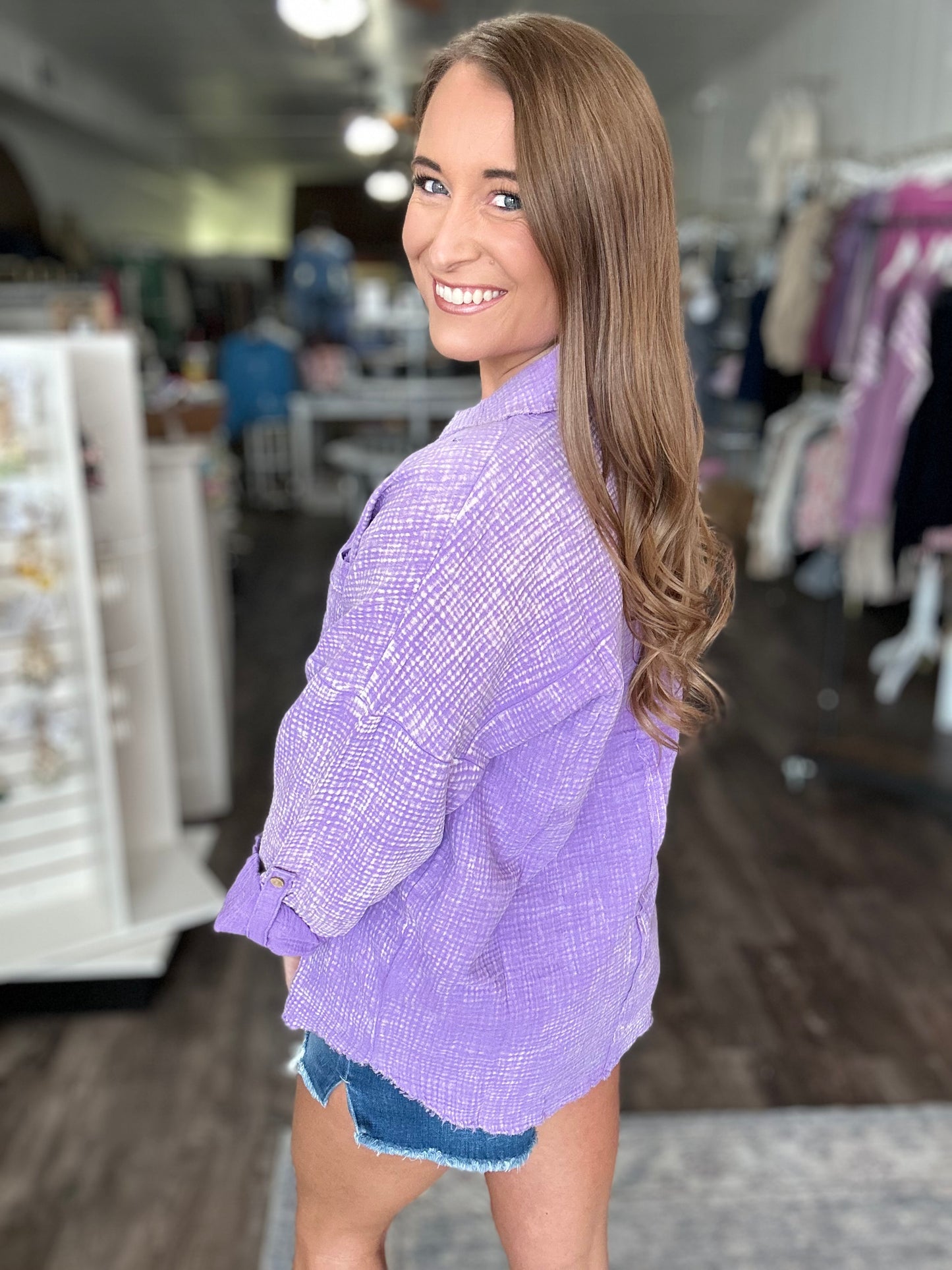 Out of Range Gauze Knit Button Down - Washed Lavender