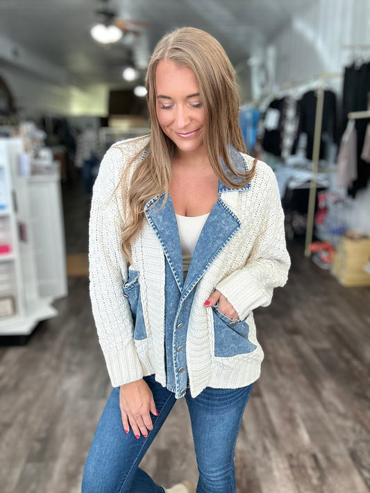 Running In Circles Mixed Sweater/Denim Cardigan