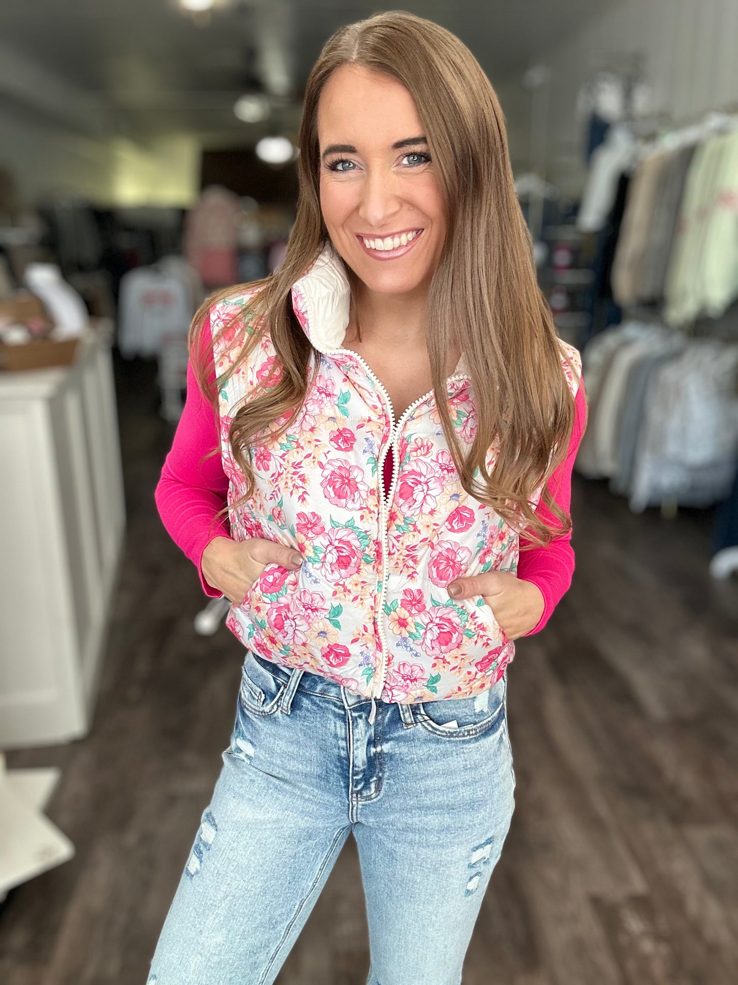 Scarlett Cream/Pink Floral Puffer Vest - Simply Southern