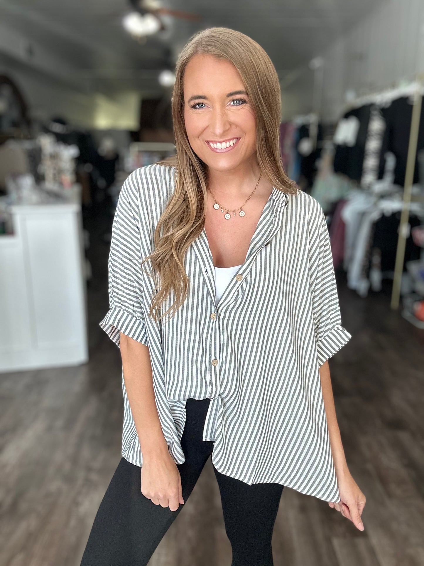 Just Friends Oversized Striped Button Down - Charcoal Black