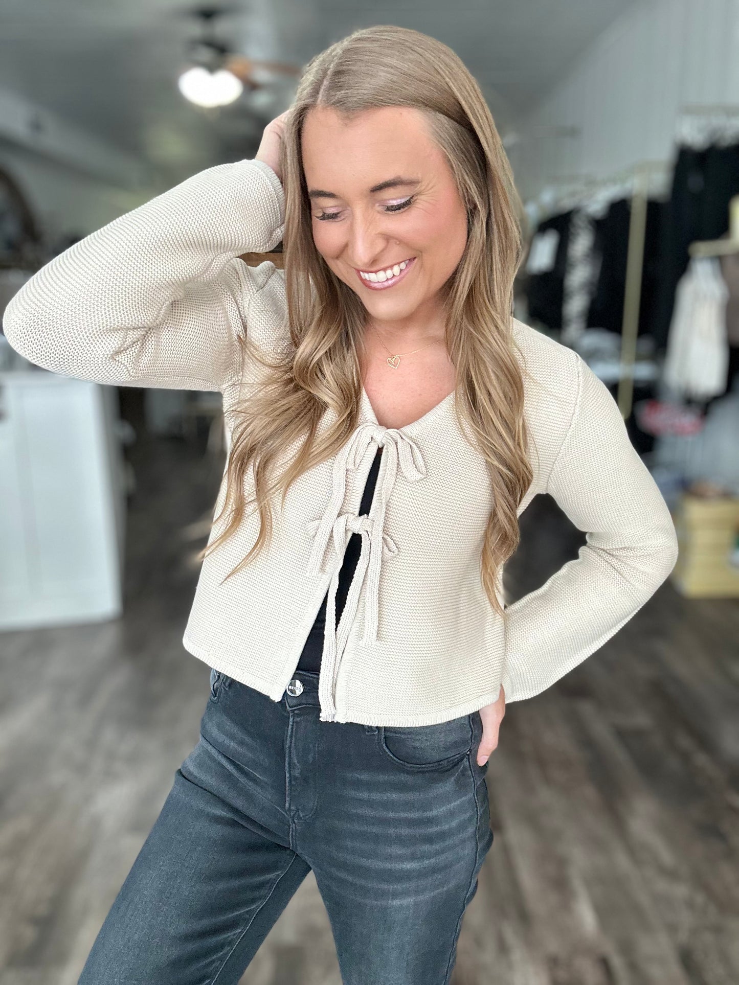 Cool Breeze Tie Front Sweater - Cream