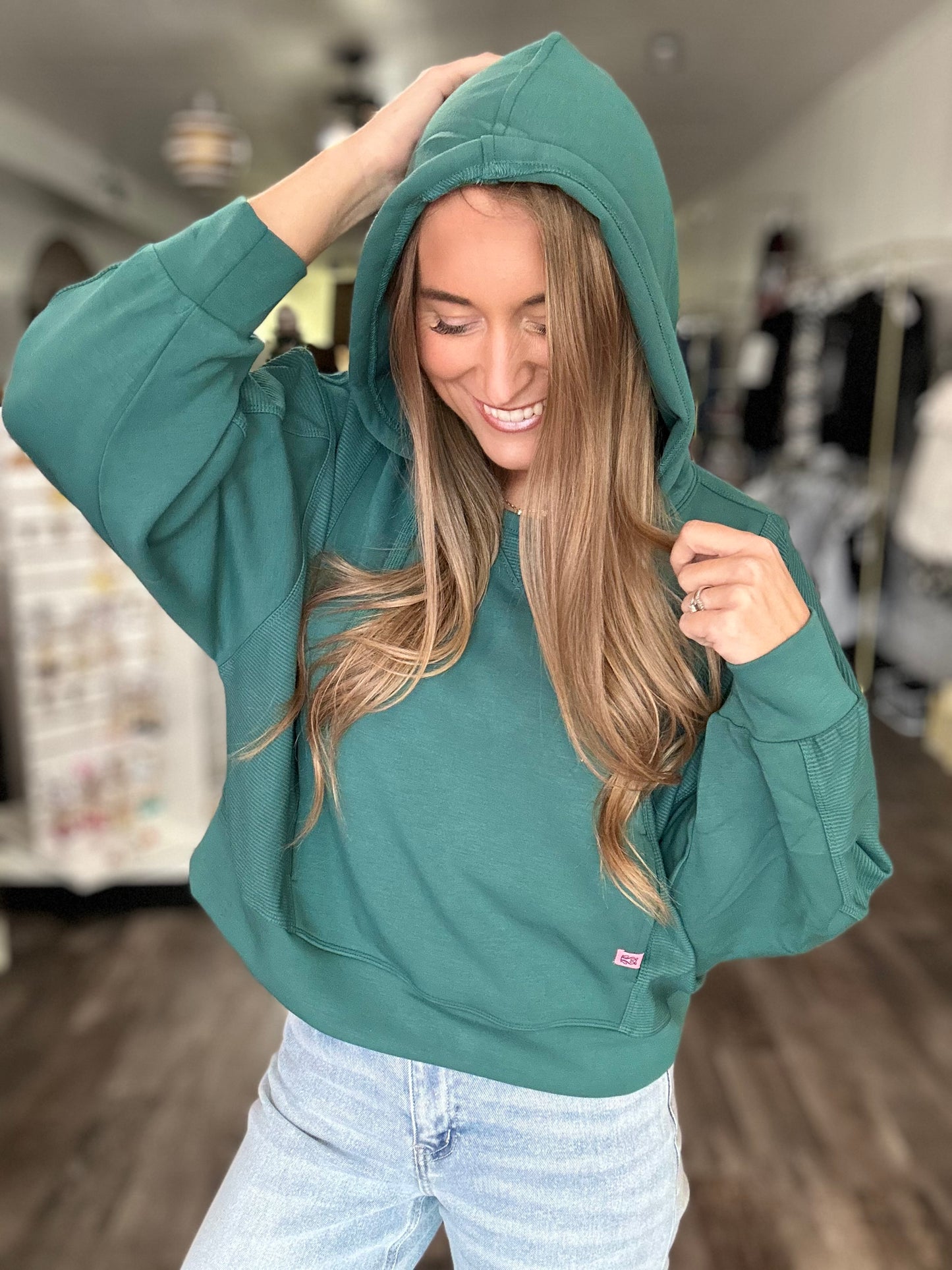 Parker Hooded Contrast Pullover (Jade) - Simply Southern