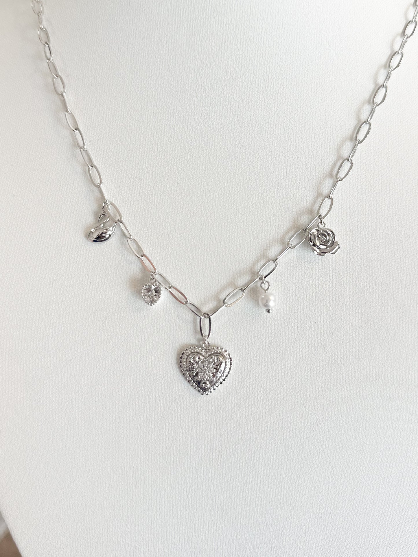 Heart & Pearl Charm Necklace (Silver)