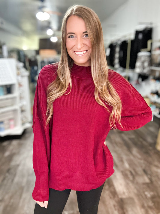 Daydreamer Oversized Mock Neck Sweater - Cabernet