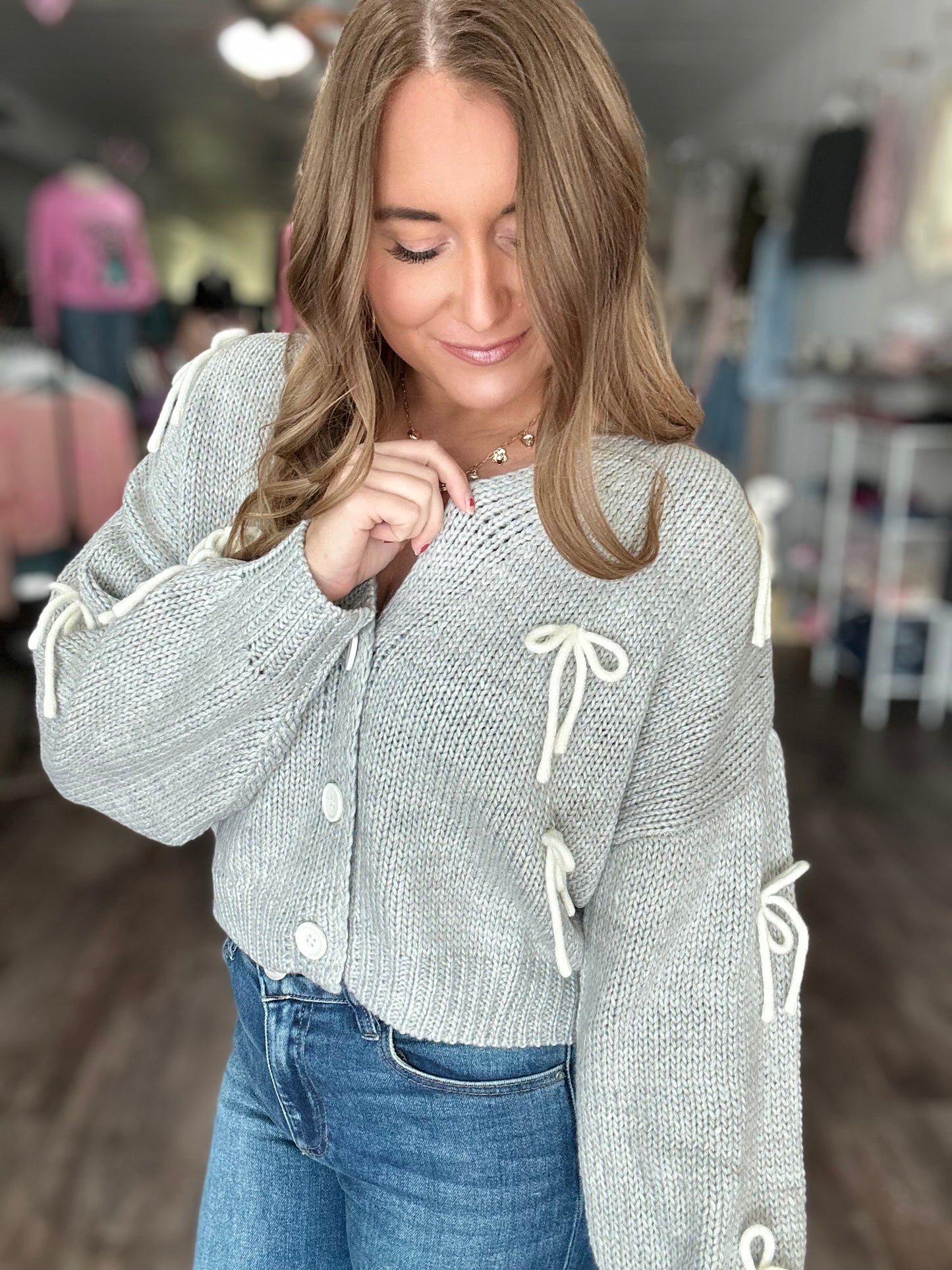 In The Details Bow Cardigan - Grey/White