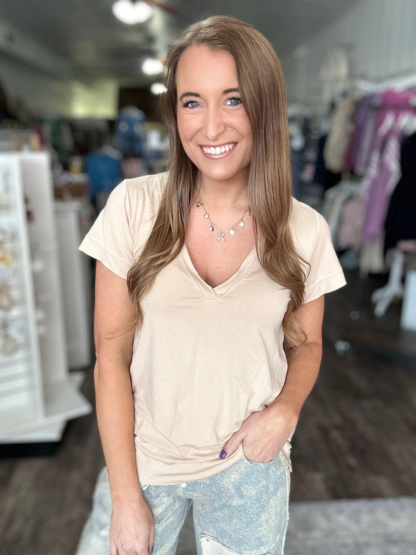 Little Bit of Luck Relaxed V-Neck (Tan)