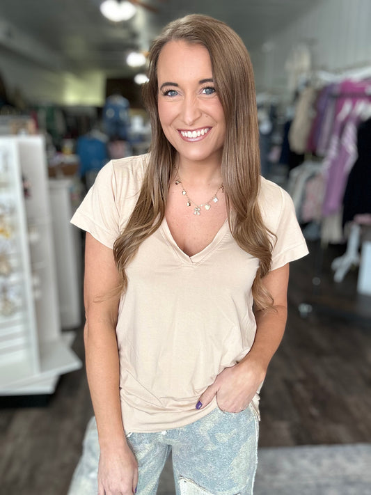 Little Bit of Luck Relaxed V-Neck (Tan)