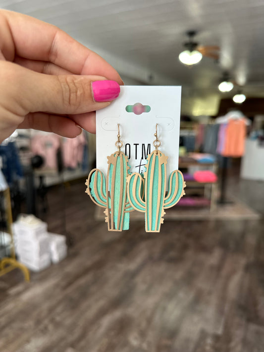 Wooden Cactus Earrings - Teal