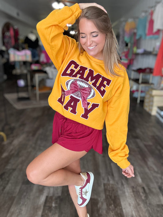 Game Day Chenille & Sequins Crewneck - Gold/Maroon