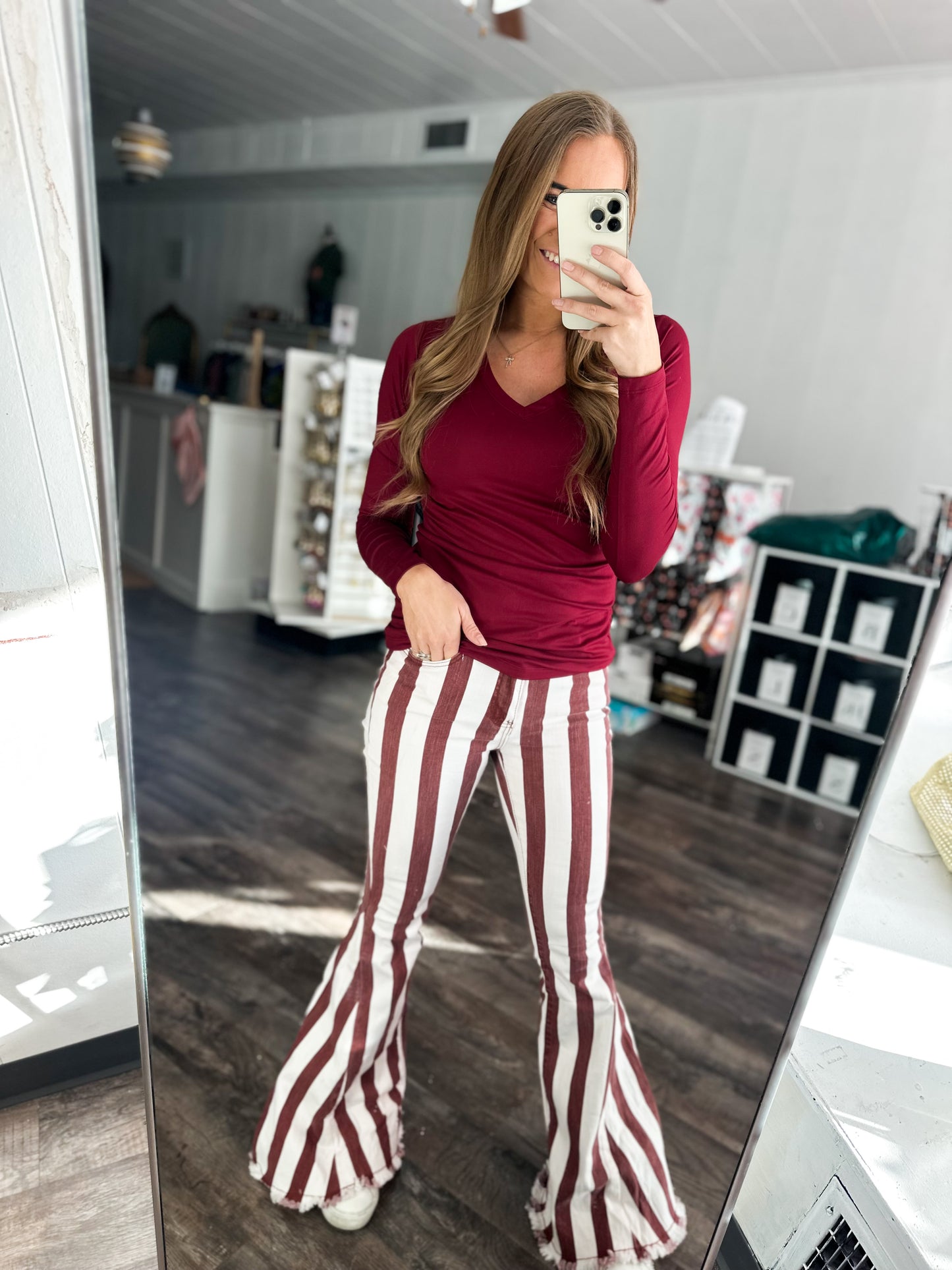 Flare on Fleek Striped Denim - Burgundy (Market Find Special Pricing)