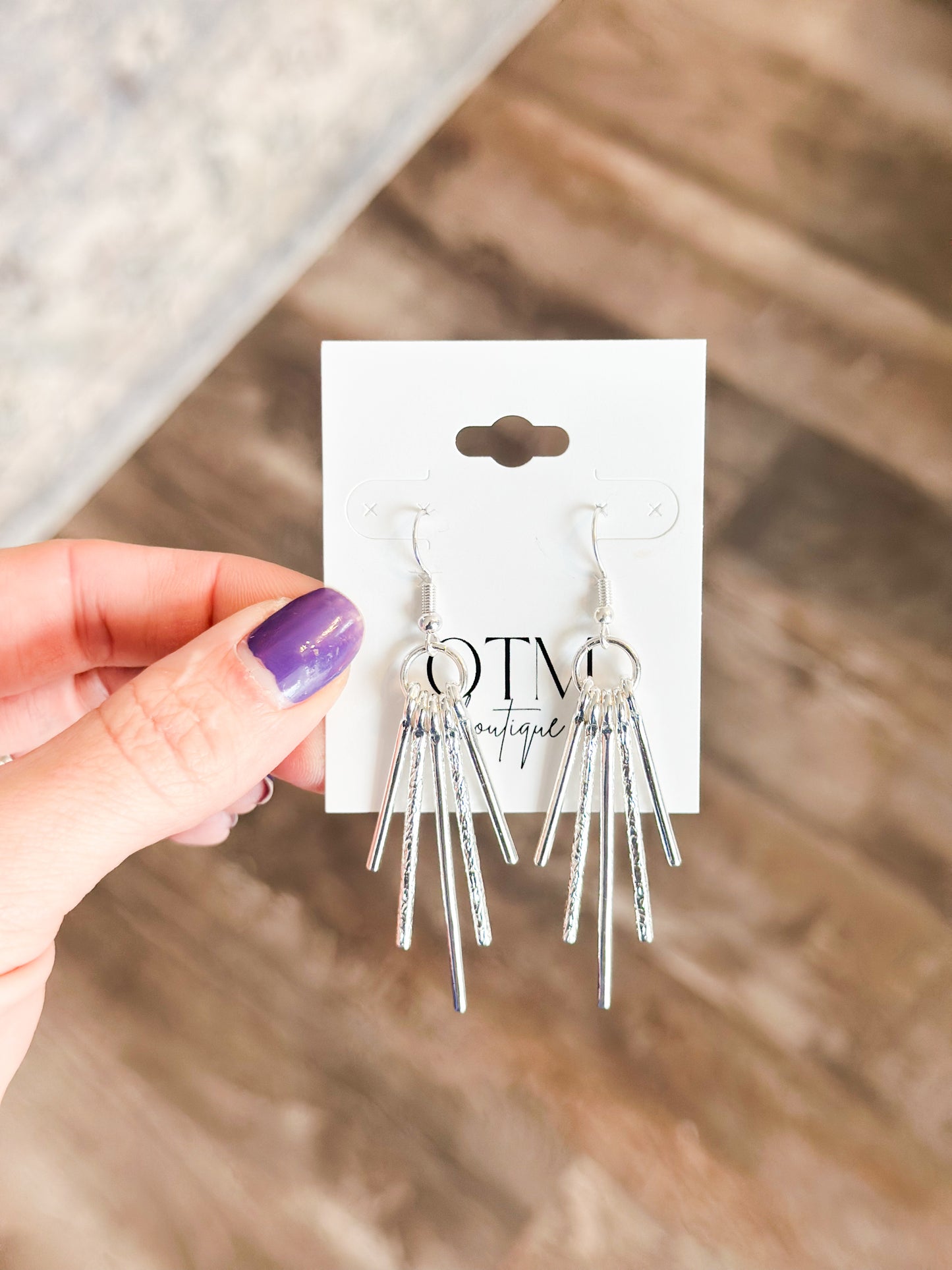 Textured Bar Fringe Earrings (Silver)
