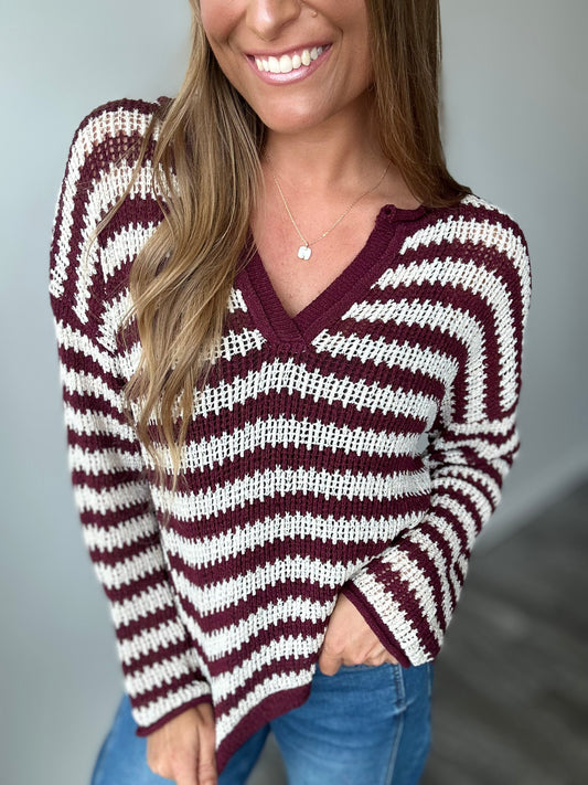 Kayden Striped Raw Edge Sweater (Burgundy)