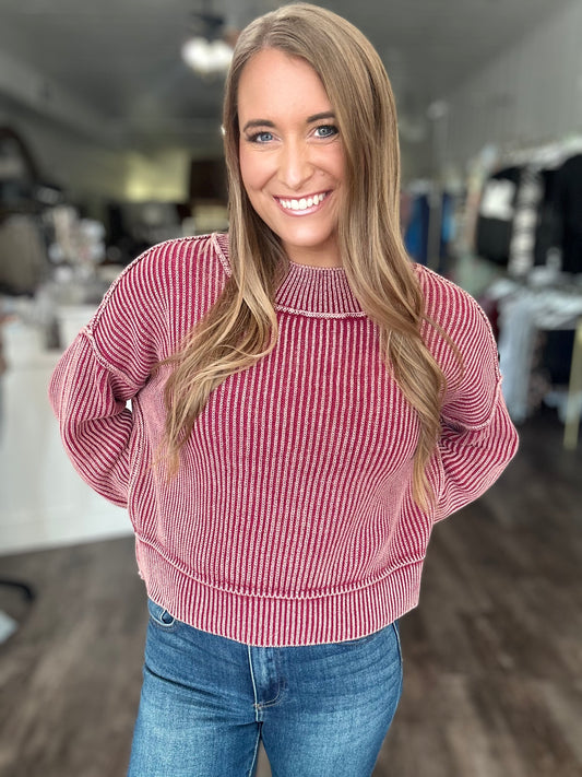 Drive Them Wild Ribbed Sweater - Washed Burgundy