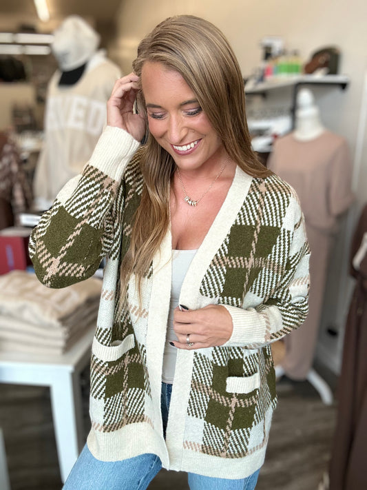 Aubrey Olive Plaid Cardigan