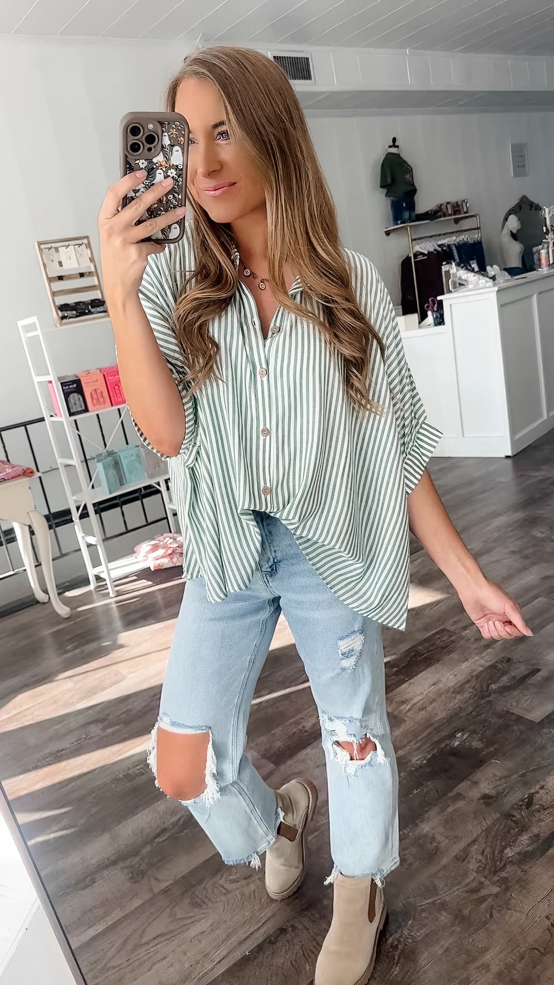Just Friends Oversized Striped Button Down - Light Hunter Green