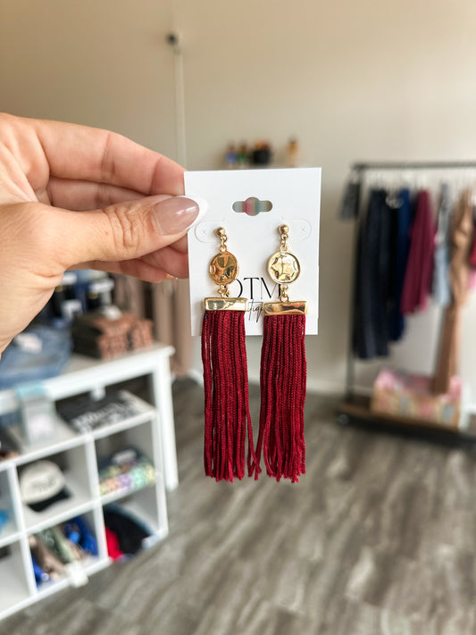 Hammered Coin Tassel Earrings (Burgundy)