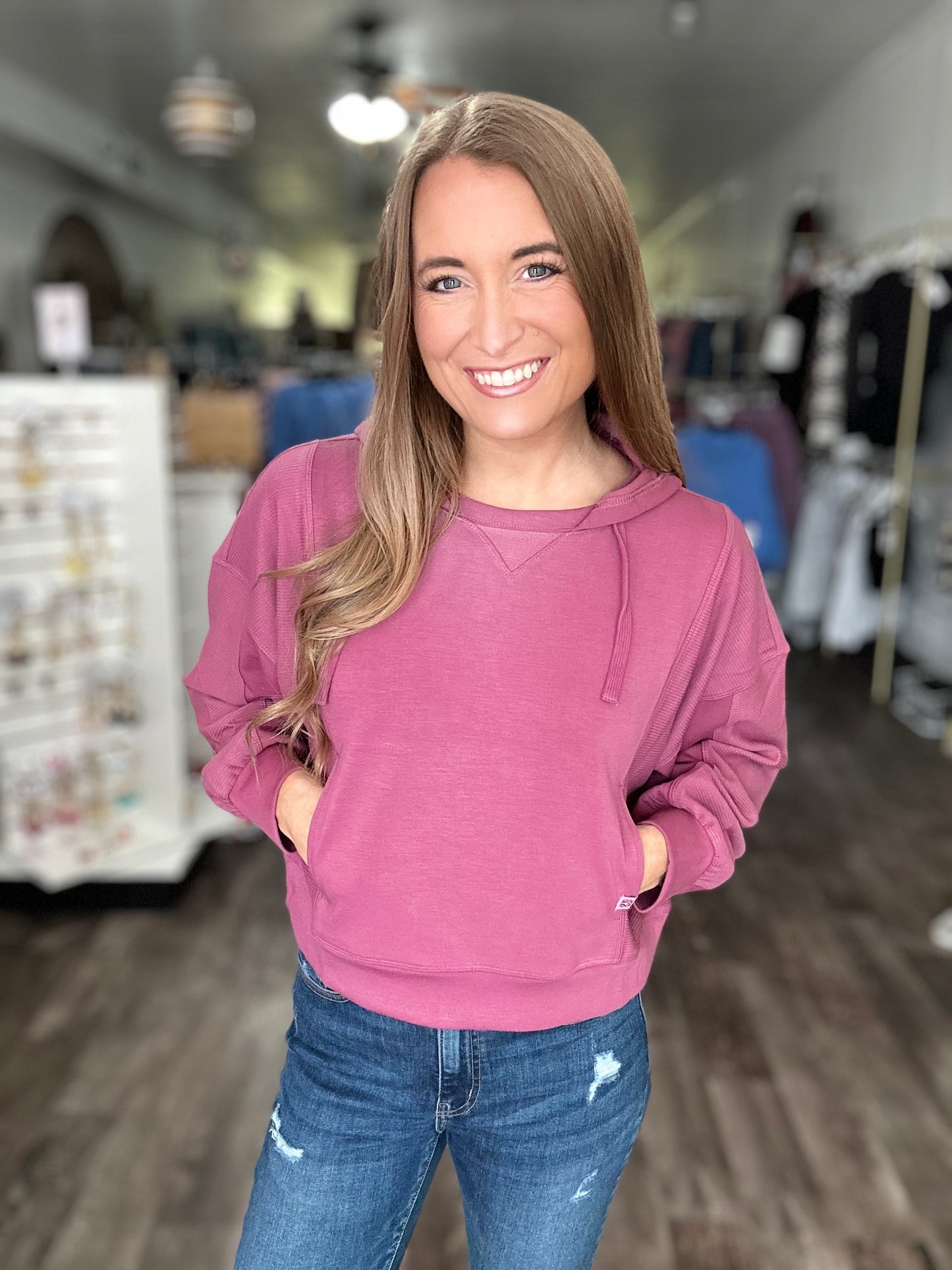 Parker Hooded Contrast Pullover (Plum) - Simply Southern