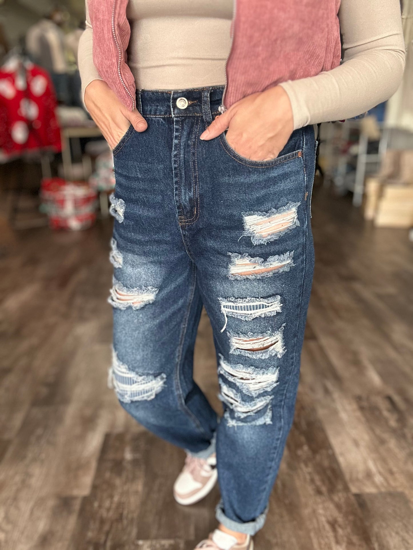 Katie Elastic Waistband Rip & Repair Denim