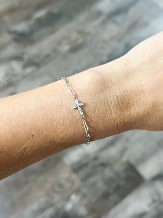 Dainty Chain Link Cross Bracelet - Silver