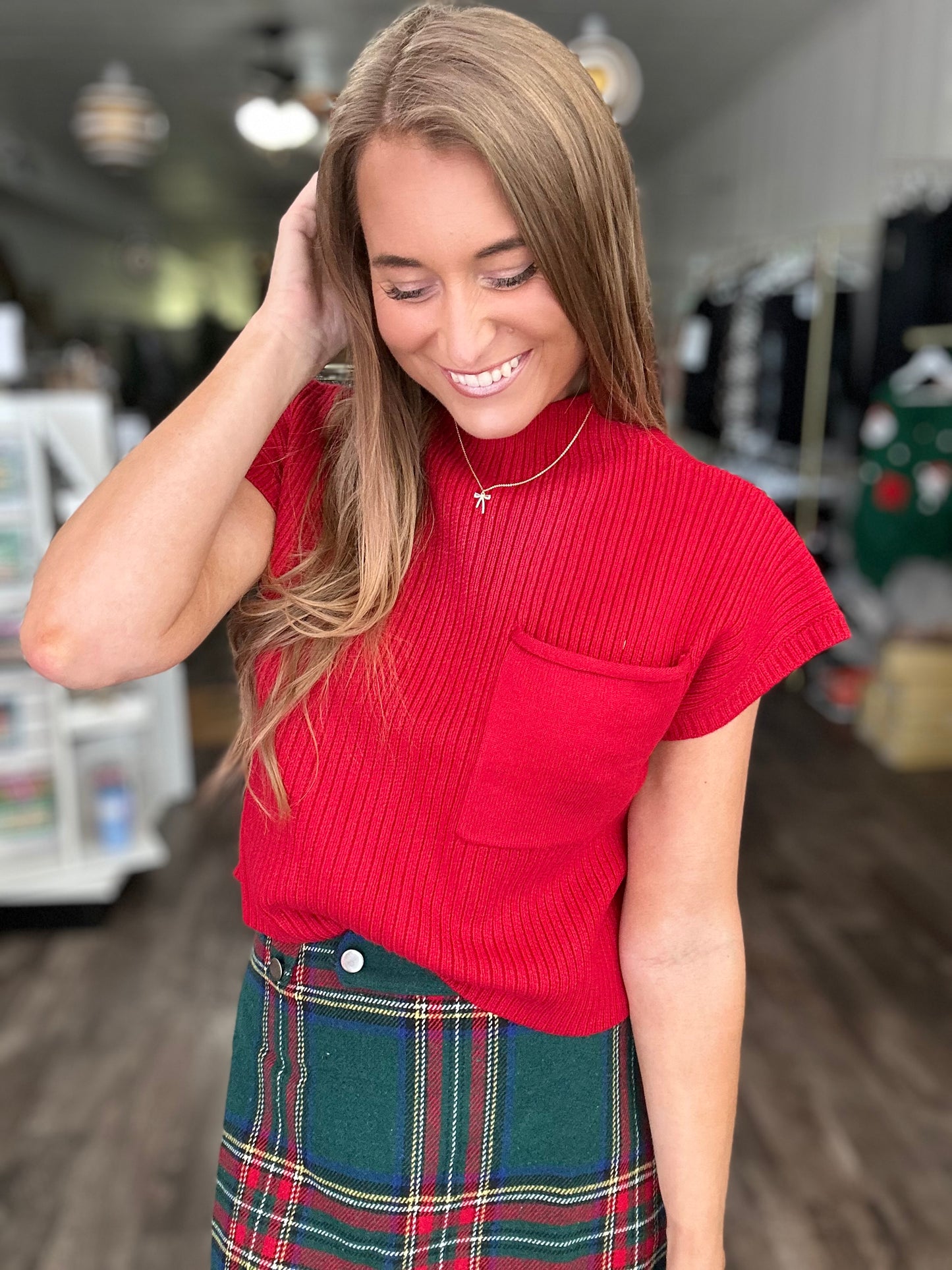 With Love Mock Neck Short Sleeve Sweater - Red