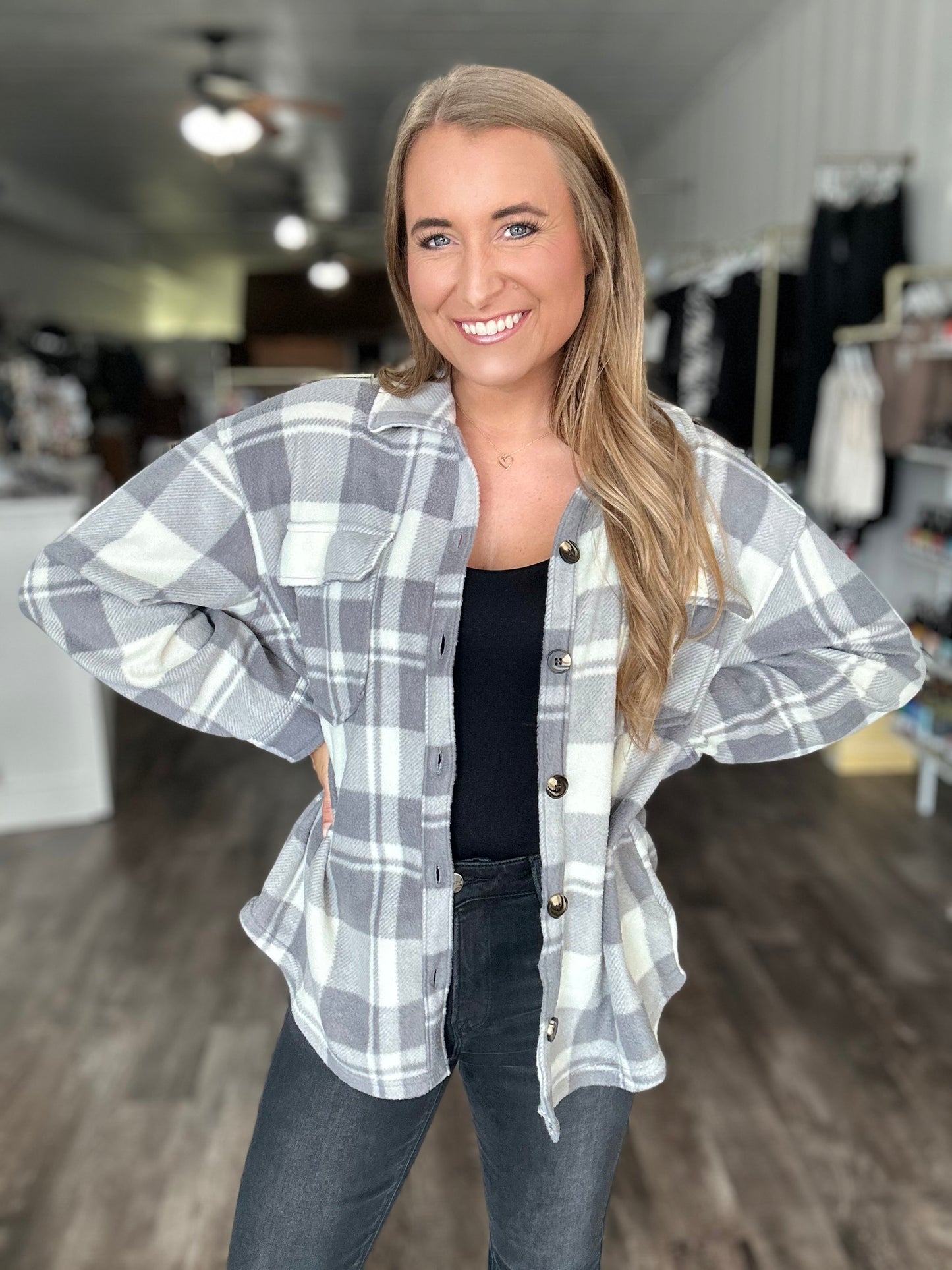 Wait On Me Plaid Fleece Shacket - Grey