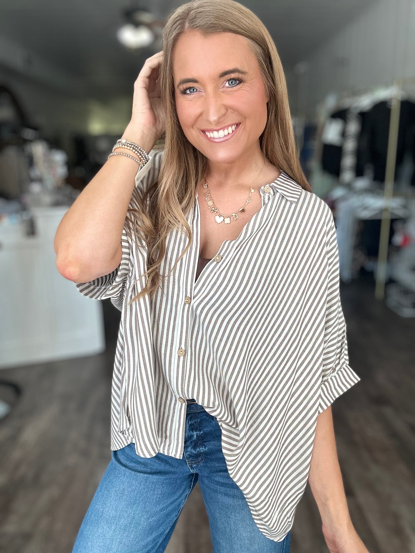 RESTOCK Just Friends Oversized Striped Button Down - Mocha